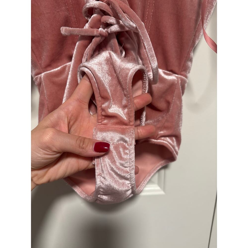 Windsor Pink Velvet Feather Trim Bodysuit Size S - Picture 5 of 7